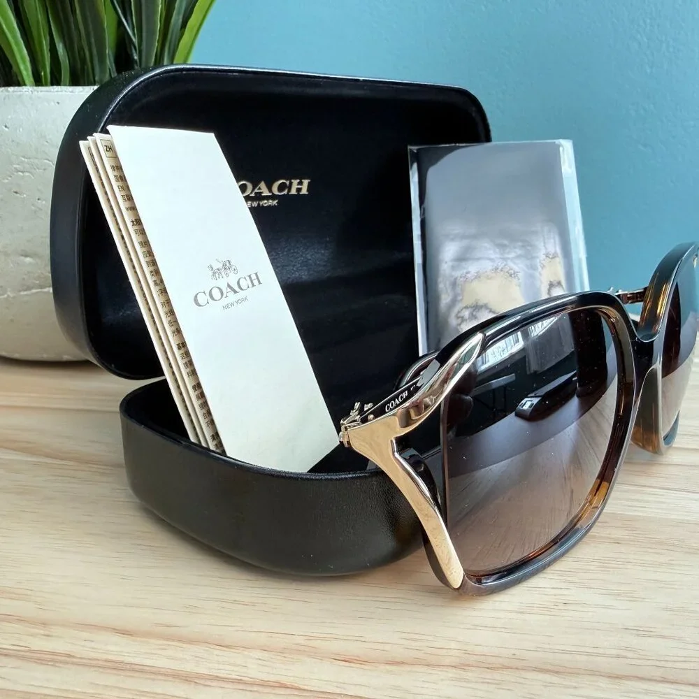 Coach Tortoise Sunglasses HC8280U L1116 XL Gold Cut Out Rims With Case & Papers - Picture 4 of 16